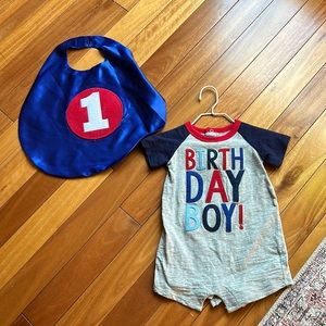 Birthday Boy Onesie & “1” Cape. Blue, Gray, Red!